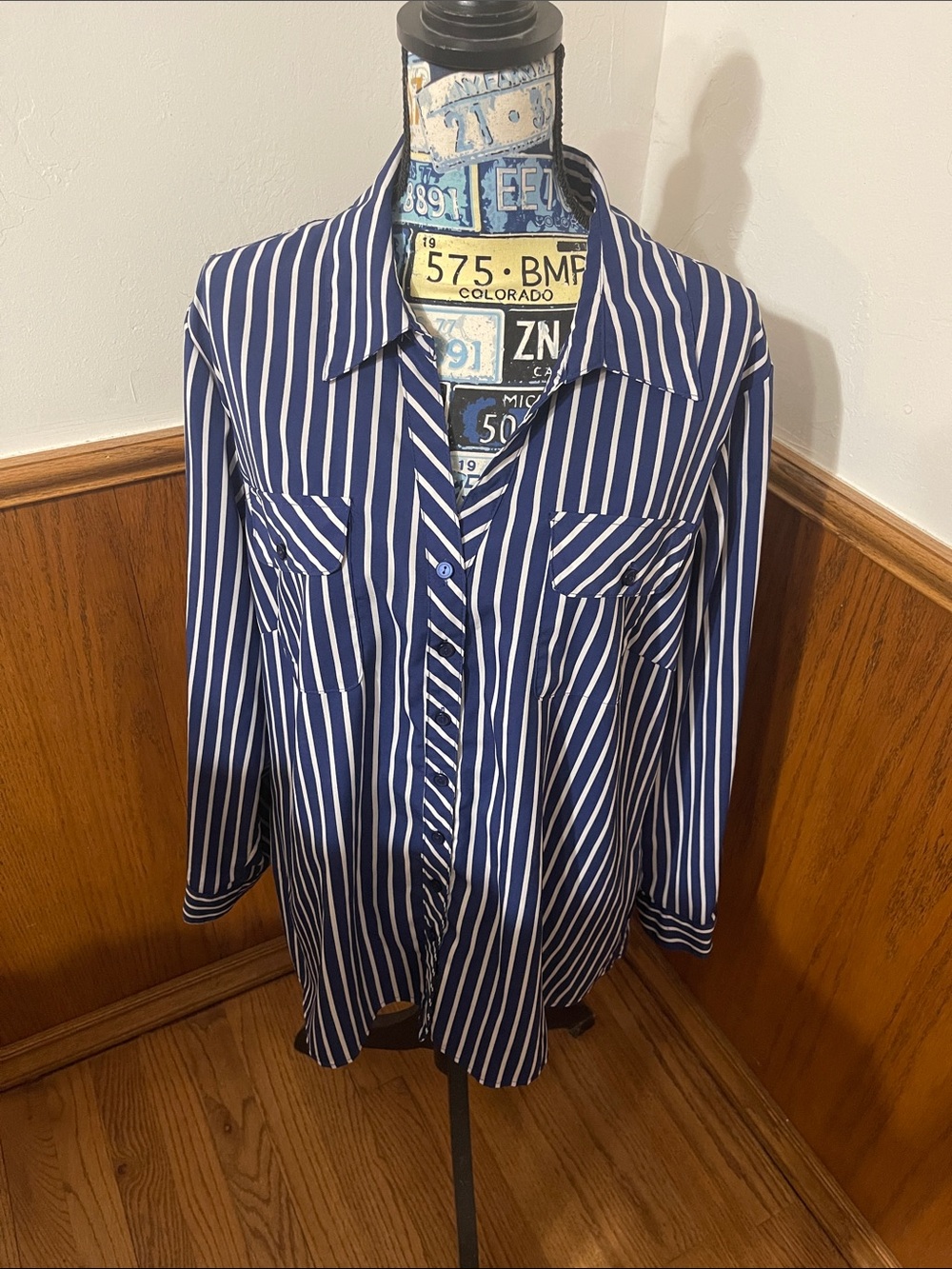 Notations Navy and White Vertical Stripe Blouse